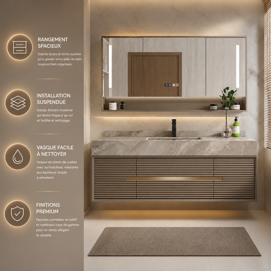 Meuble d'évier flottant mural à panneau cannelé en Offre Spéciale Meuble de salle de bain moderne avec miroir