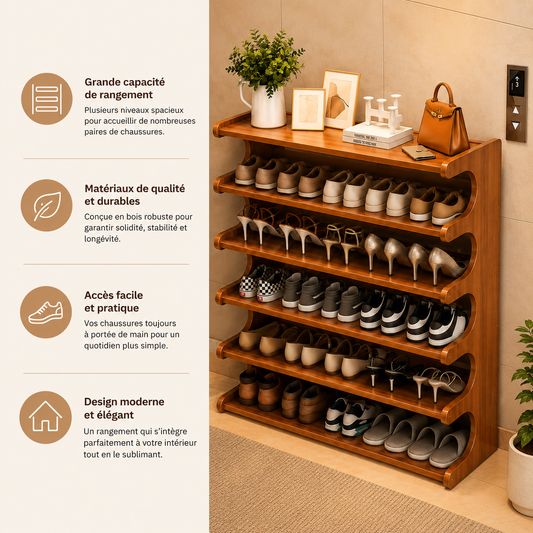 Étagère à Chaussures en Bois Multi Niveaux Design Moderne – Meuble Rangement Entrée Maison Premium